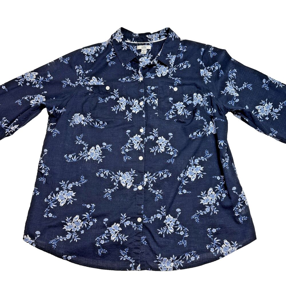 Croft & Barrow Floral Shirt Womens Size XL Blue Birds Roll Tab Sleeves Navy Blue
